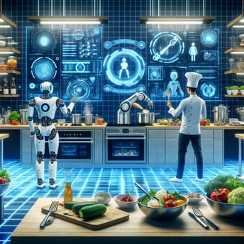 DALL·E 2024-02-27 17.00.00 - A futuristic kitchen scene where humans and robots collaboratively work on cooking tasks, highlighting the synergy between digital transformation (DX)